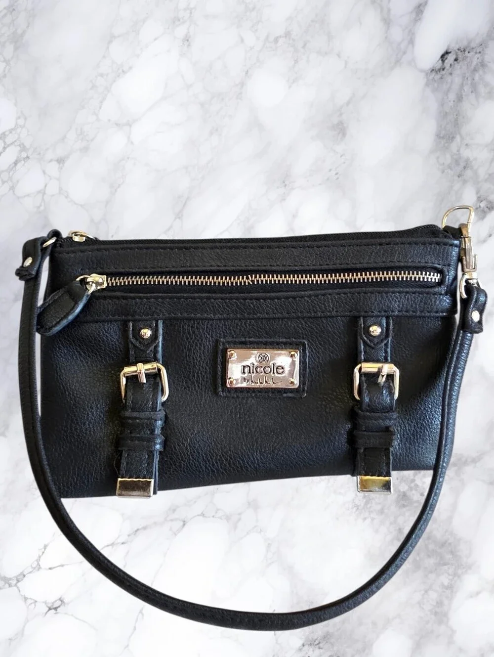 Nicole by Nicole Miller Black Mini Shoulder Bag Y2K Moto Buckle Wristlet